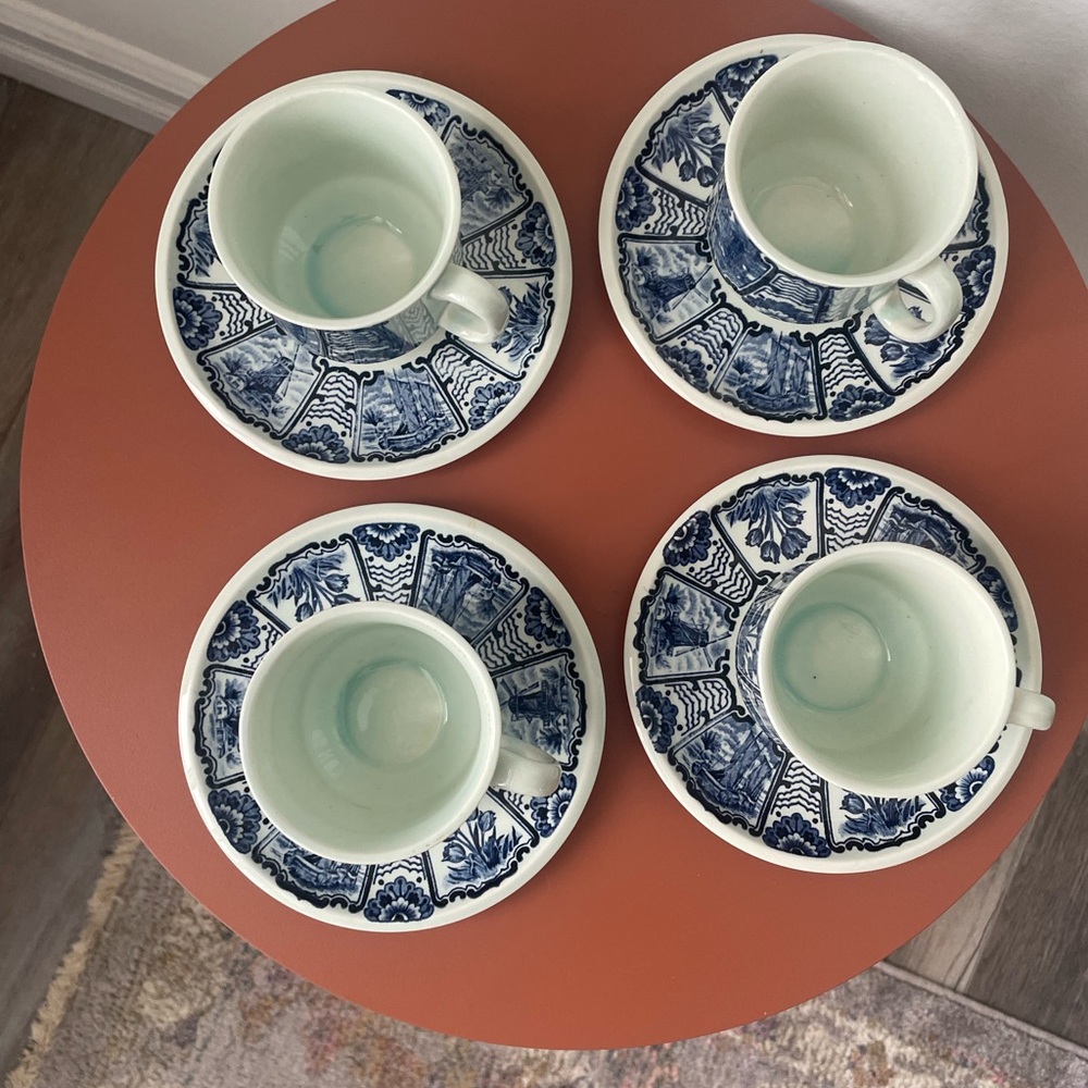 Belgian Delft Boch Old Dutch Blue & White Floral Coffee Teacups and Saucer Set - Picture 5 of 12